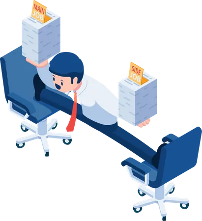 Flat 3 D Isometric Businessman Balancing Between Main And Side Job Business Main And Extra Job Concept イラスト