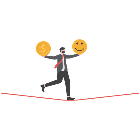 Businessman balancing between money and happiness  Illustration