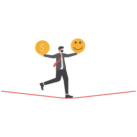 Balance Between Money And Happiness Wealth And Health Choosing Meaningful Life And Real Success Concept Businessman Balancing Himself On Stack Of Smile Face And Dollar Coin Illustration