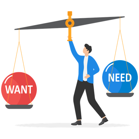 Businessman balancing between need and want  Illustration