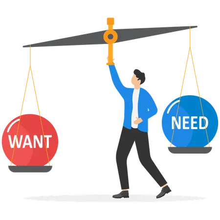 Businessman balancing between need and want  Illustration