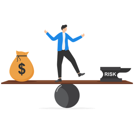Businessman balancing between reward and risk  Illustration