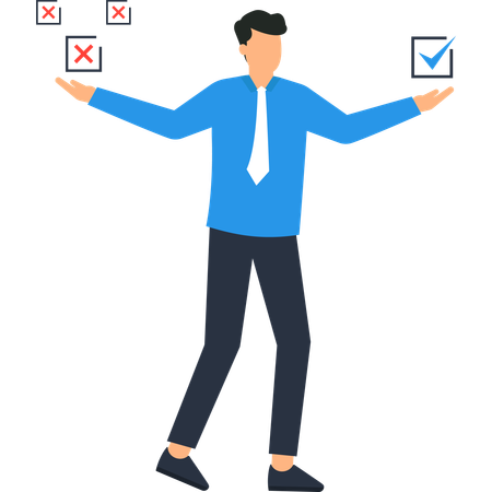 Businessman Balancing Choices Checkmarks and Crosses in a Decision-Making  Illustration