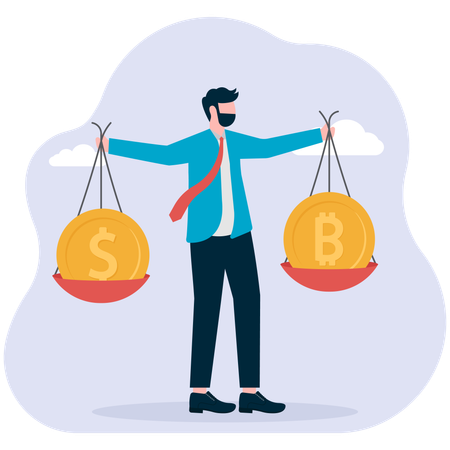 Businessman balancing dollar and bitcoin coin  Illustration