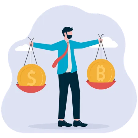 Businessman balancing dollar and bitcoin coin  Illustration