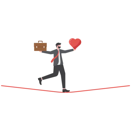 Work Life Balance Working Lifestyle Compromise With Family Or Personal Health Choice Or Balance Between Work Stress And Relaxation Concept Businessman Balance Himself With Heart And Briefcase Illustration