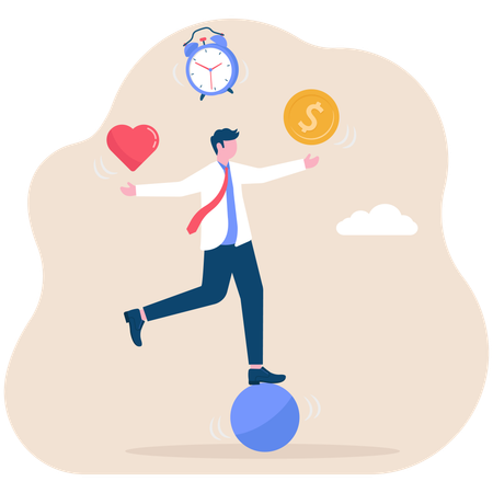 Businessman balancing himself on a ball and juggling between heart hourglass and money  Illustration