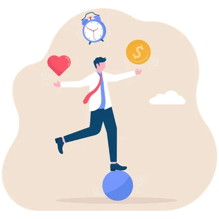 Businessman balancing himself on a ball and juggling between heart hourglass and money  Illustration