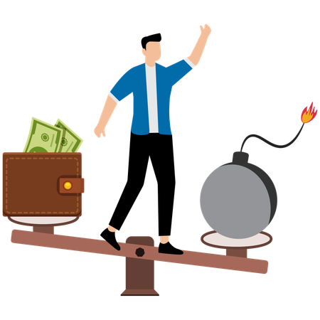 Businessman balancing himself on seesaw with debt bomb and money wallet  Illustration