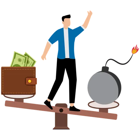 Businessman balancing himself on seesaw with debt bomb and money wallet  Illustration