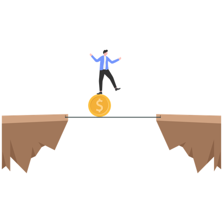 Businessman balancing himself with dollar coin on rope  Illustration