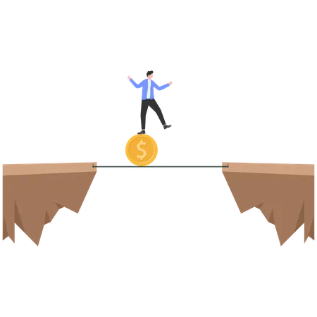 Businessman balancing himself with dollar coin on rope  Illustration