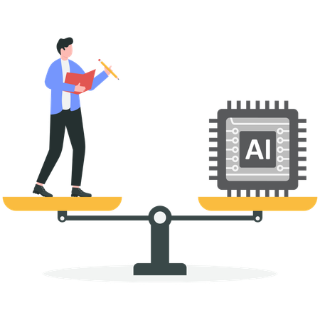 Businessman balancing human vs ai chip  Illustration