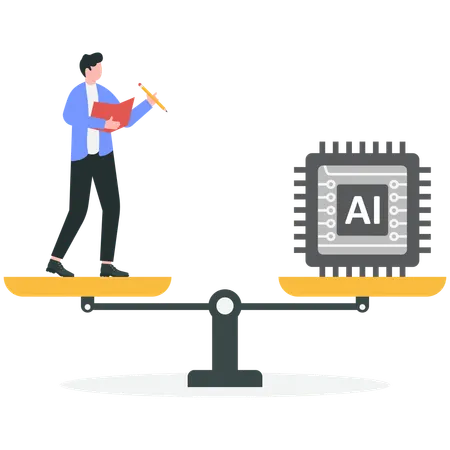 Businessman balancing human vs ai chip  Illustration