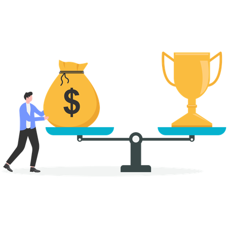 Businessman balancing money and trophy  Illustration