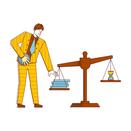 Businessman balancing money with time  イラスト