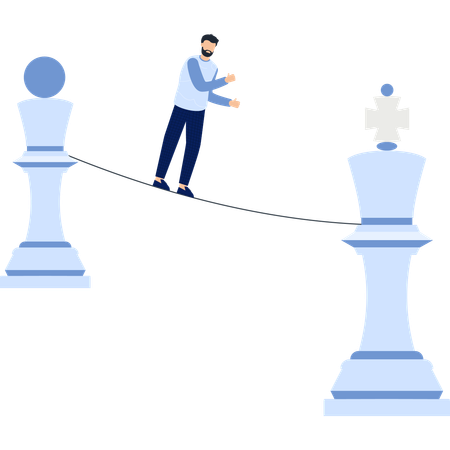 Businessman balancing on a tightrope between chess pieces business risk Illustration