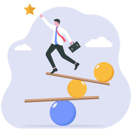 Businessman balancing on geometric shapes and reaching star  Illustration