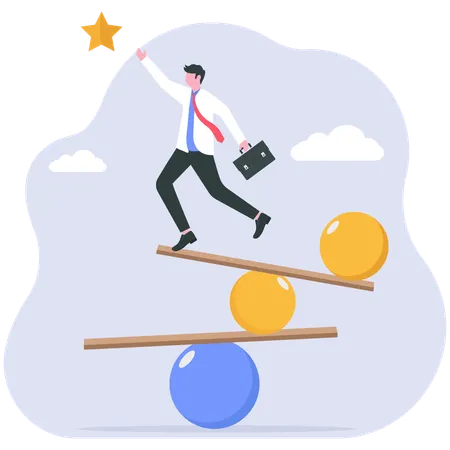 Businessman balancing on geometric shapes and reaching star  Illustration