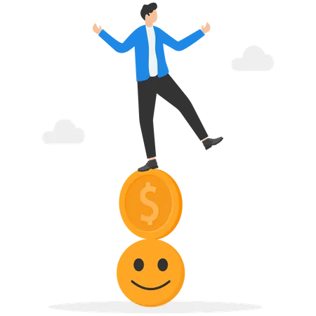 Entrepreneur Balancing Himself On A Stack Of Smiley Faces And Dollar Coins Balance Between Money And Happiness Wealth And Health Choosing Meaningful Life And Real Success Illustration
