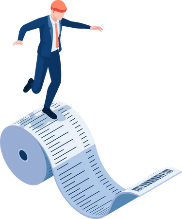 Flat 3 D Isometric Businessman Balancing On The Roll Of Receipt Debt And Business Expenses Concept Illustration
