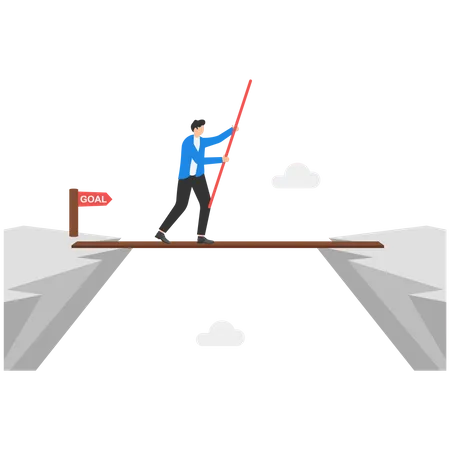Businessman Concentrating And Balancing On Tightrope To Reach His Goal On The Other Side Of A Dangerous Cliff Illustration