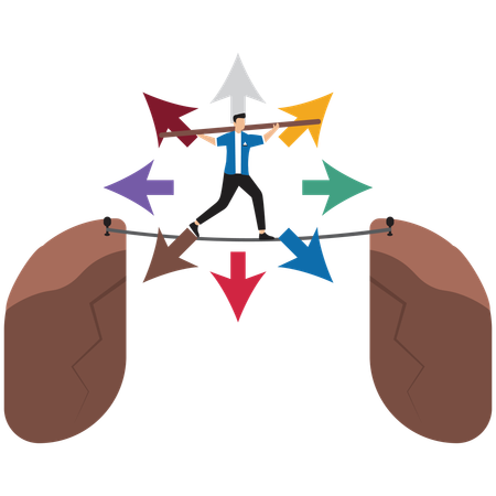 Businessman balancing on tightrope with arrows pointing in different career directions  Illustration