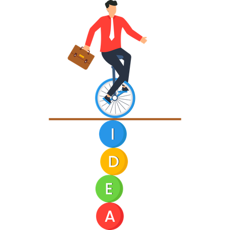Businessman Balancing on Unicycle over IDEA  Illustration