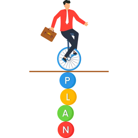 PLAN을 위해 단륜차 위에서 균형을 잡는 사업가  일러스트레이션