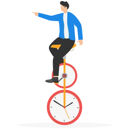 Businessman Rides Time Bike Time Management Deadline Concept Man Balancing On Unicycle While Holding Equilibrium Vector Illustration Illustration