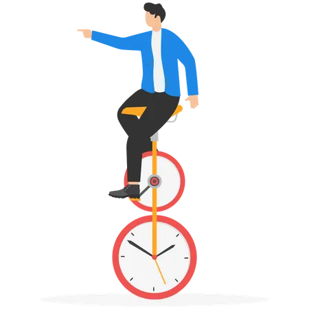 Businessman balancing on unicycle while holding equilibrium  Illustration