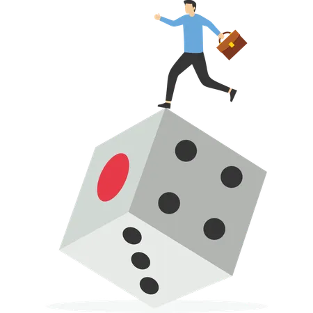 Businessman balancing on unstable dice  Illustration