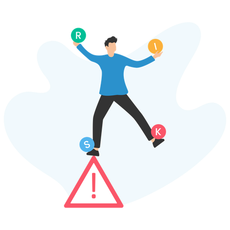 Businessman balancing on warning sign juggling risk letters  Illustration