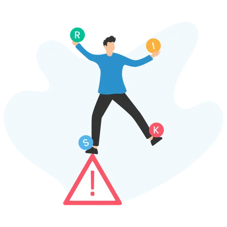 Businessman balancing on warning sign juggling risk letters  Illustration