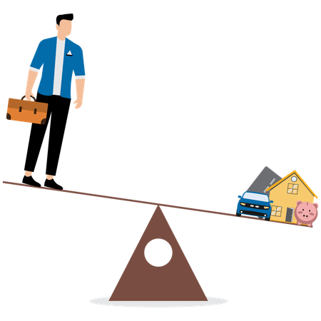 Businessman balancing personal finances on seesaw  Illustration