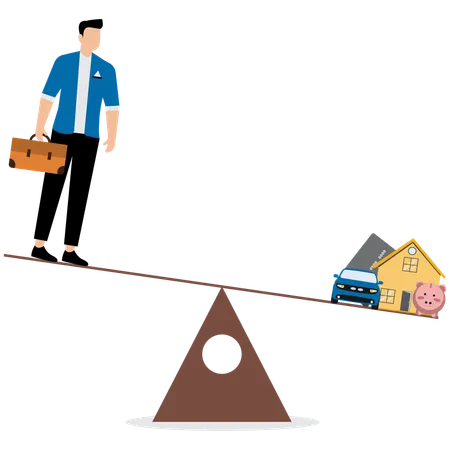 Businessman balancing personal finances on seesaw  Illustration