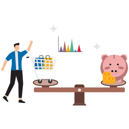 Businessman balancing shopping and saving  Illustration