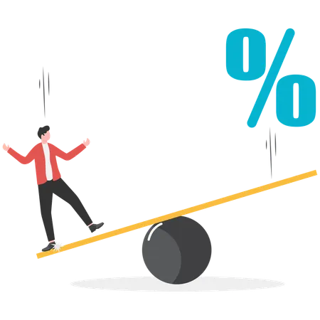 Businessman balancing with seesaw to make percentage sign jump  Illustration