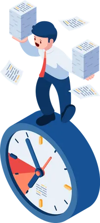 Flat 3 D Isometric Businessman Balancing With Stack Of Paperwork On Clock Time Management And Deadline Concept イラスト