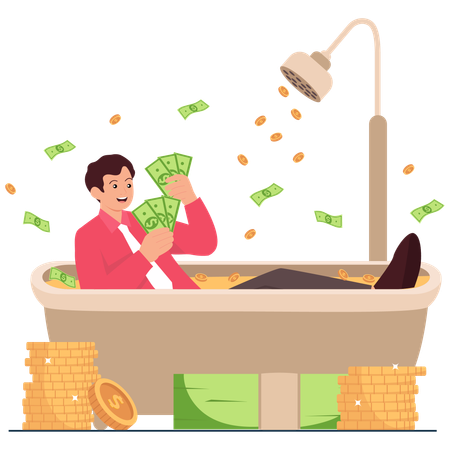 Businessman Bathing with Money  Illustration