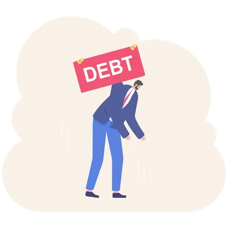 Businessman Or Manager Is Hanging On A Sticker With The Word Debt Illustration