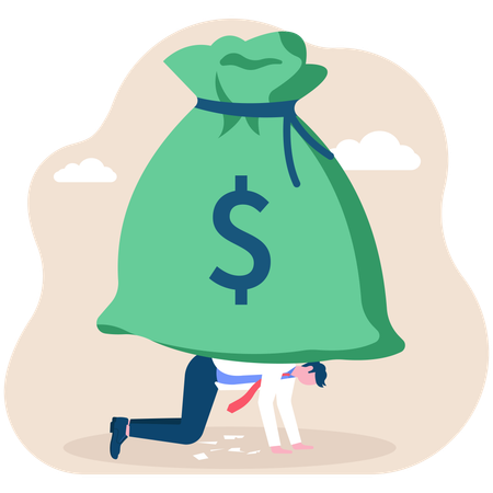 Businessman bent over by huge money bag  Illustration