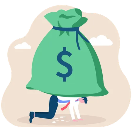 Businessman bent over by huge money bag  Illustration