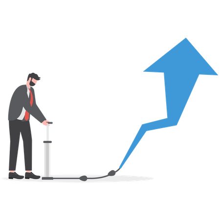 Businessman blowing arrow growth by air pump  Illustration