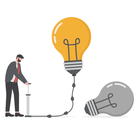 Businessman Blowing Light Bulb By Air Pump Concept Illustration