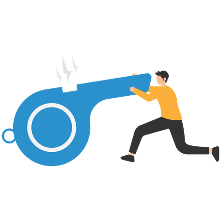 Businessman blowing the whistle out load while pointing signal to tell other people  Illustration