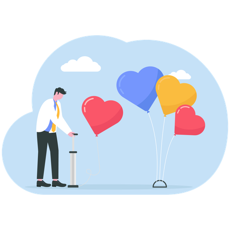 Businessman blows air balloon for girlfriend  Illustration