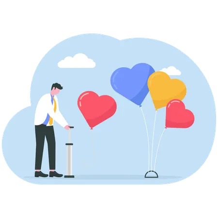 Businessman blows air balloon for girlfriend  Illustration