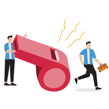 Businessman blows whistle loudly  Illustration