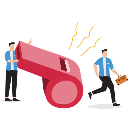 Businessman blows whistle loudly  Illustration